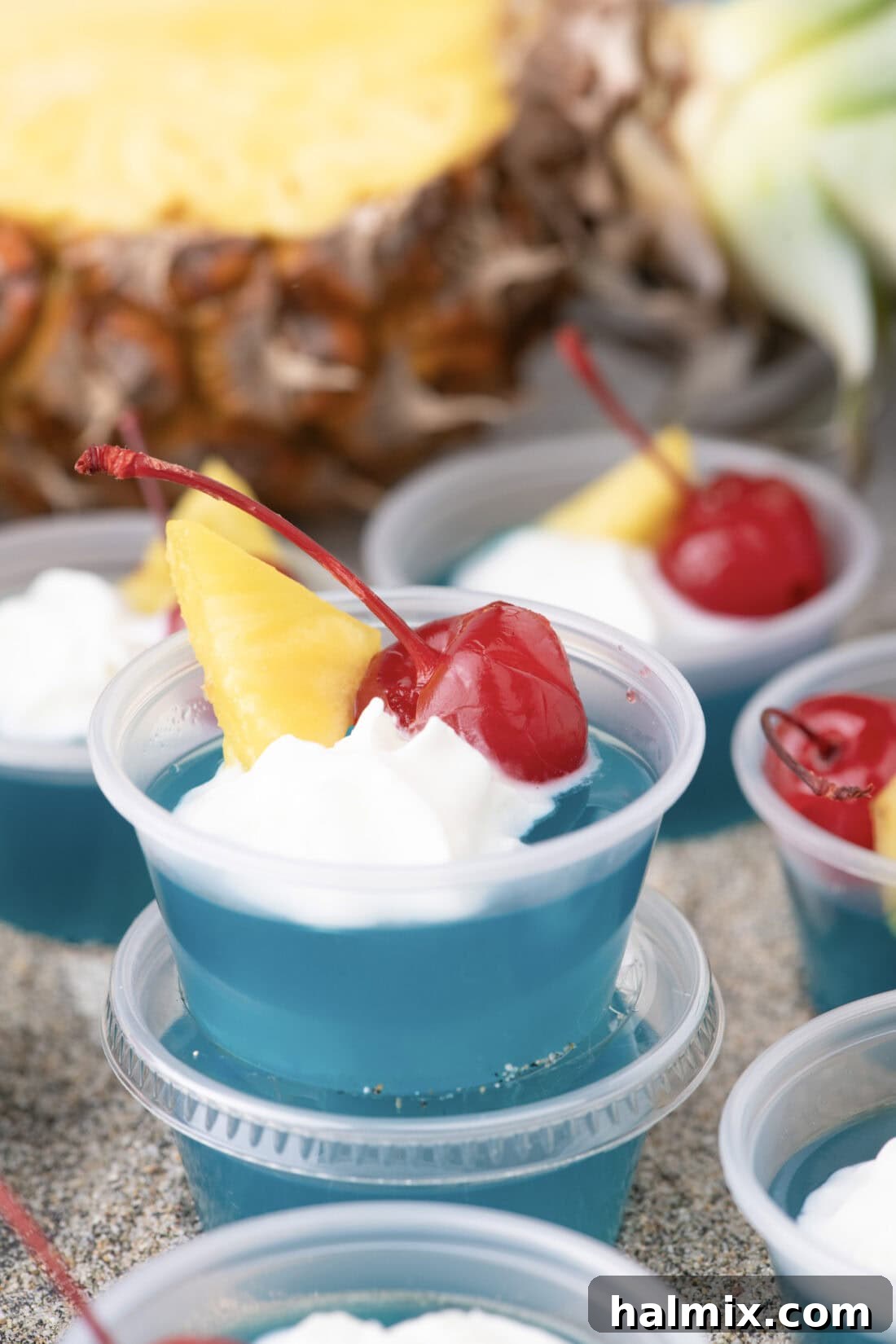 Close up photo of Blue Hawaiian Jello Shots