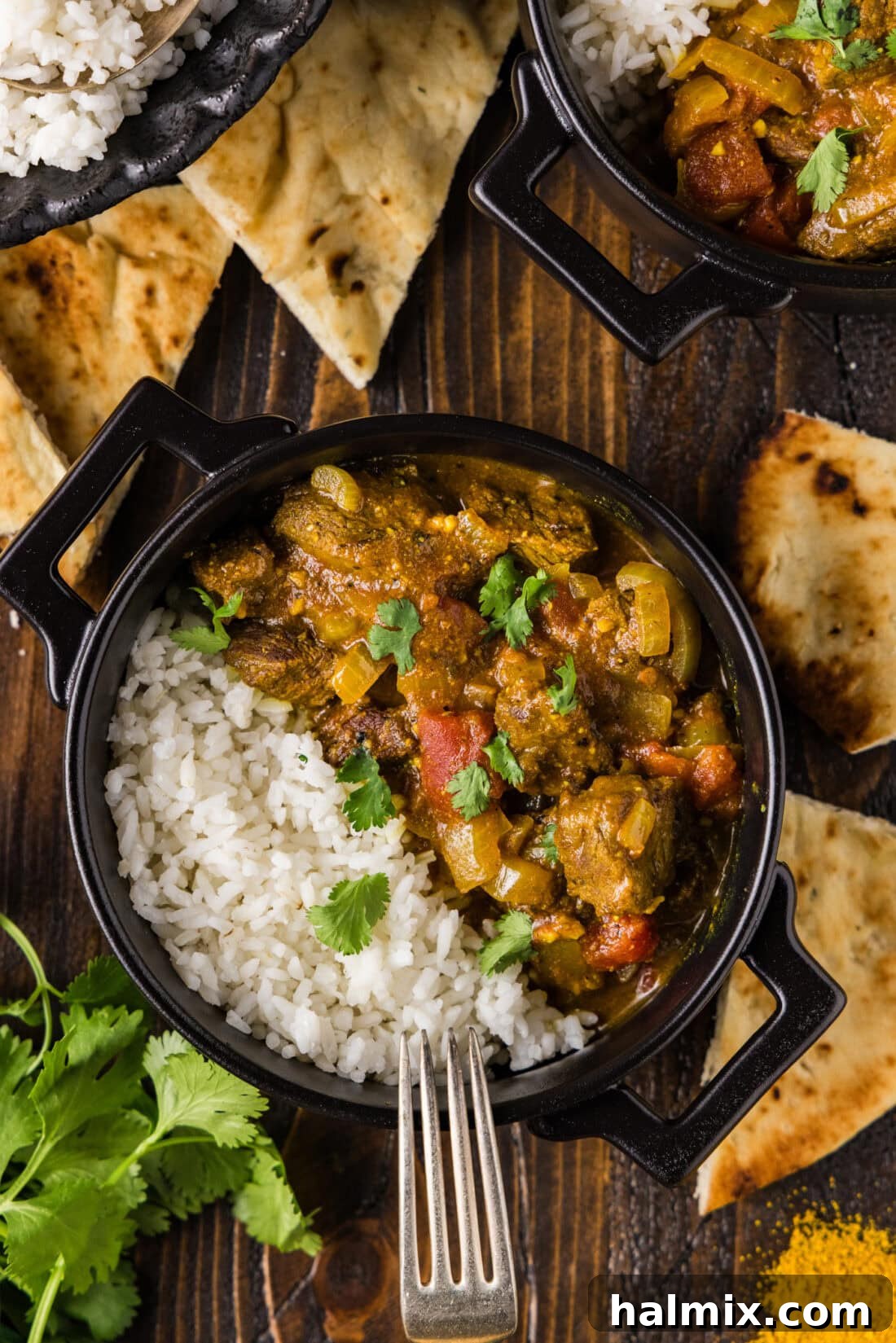 Bowl of Beef Curry and rice, with a fork resting to the side, ready to be enjoyed