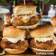 Close up photo of three Fish Sliders stacked up