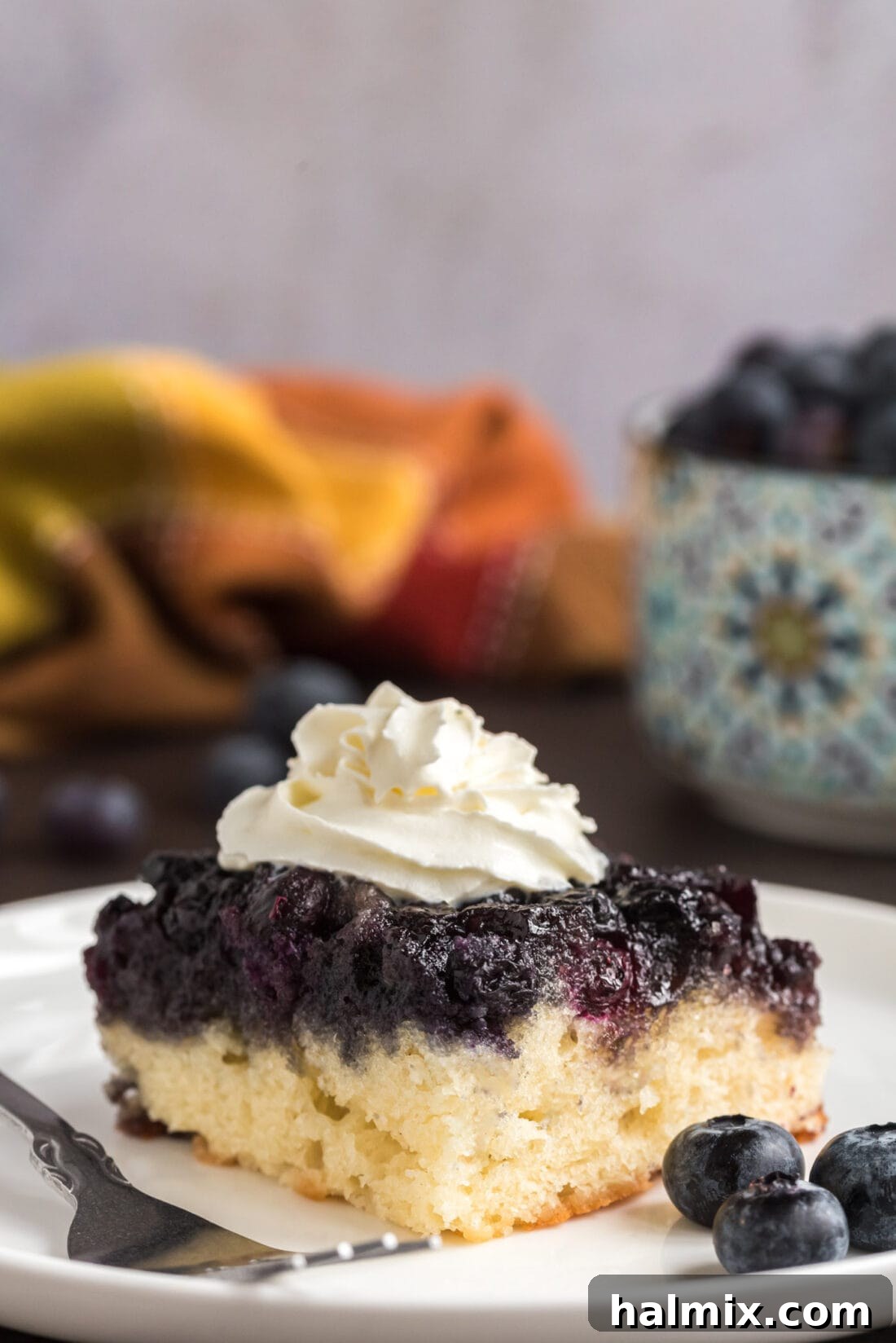 Blueberry Crown Cake 3 A single piece of Easy Blueberry Upside Down Cake, beautifully presented on a white plate and elegantly crowned with a dollop of fluffy whipped cream. The golden cake contrasts with the deep blue berries, creating an appetizing dessert.