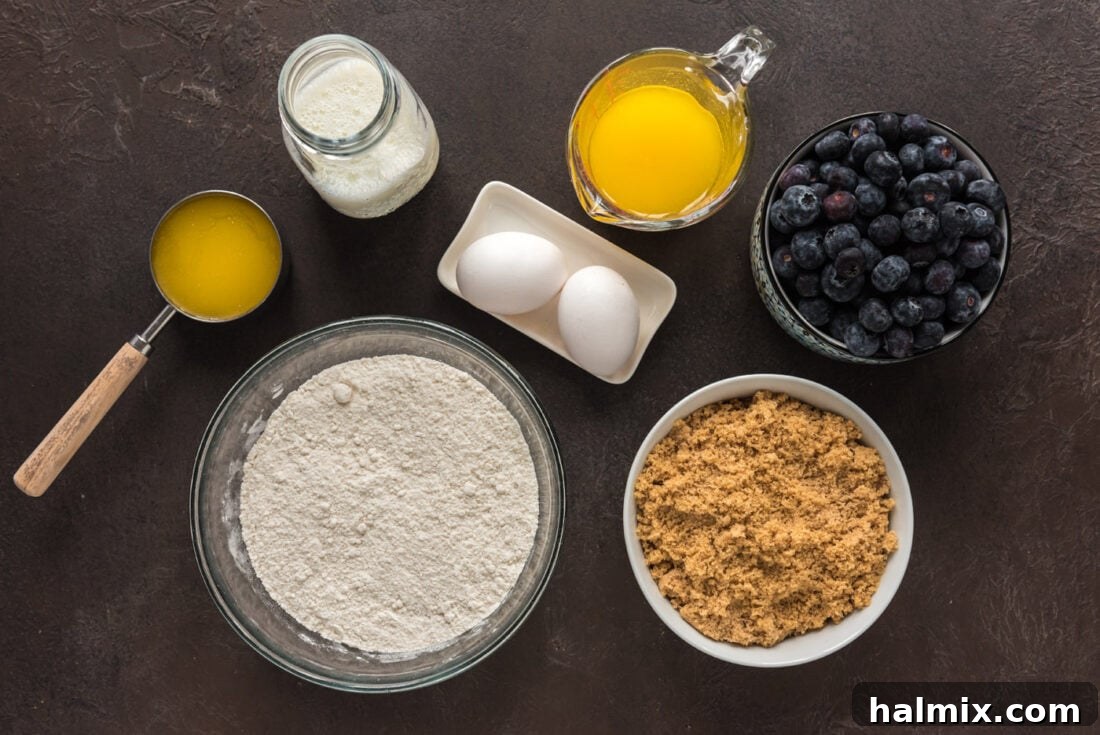 Blueberry Crown Cake 4 A flat lay arrangement showcasing all the ingredients required for the Easy Blueberry Upside Down Cake: a box of cake mix, a bowl of fresh blueberries, a stick of butter, and a container of brown sugar, ready for baking.