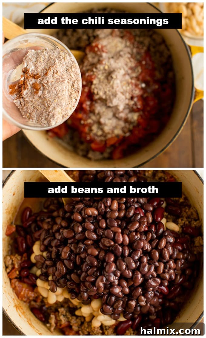 A large pot or Dutch oven filled with browning ground beef, seasoning mix, and various beans, being stirred together.