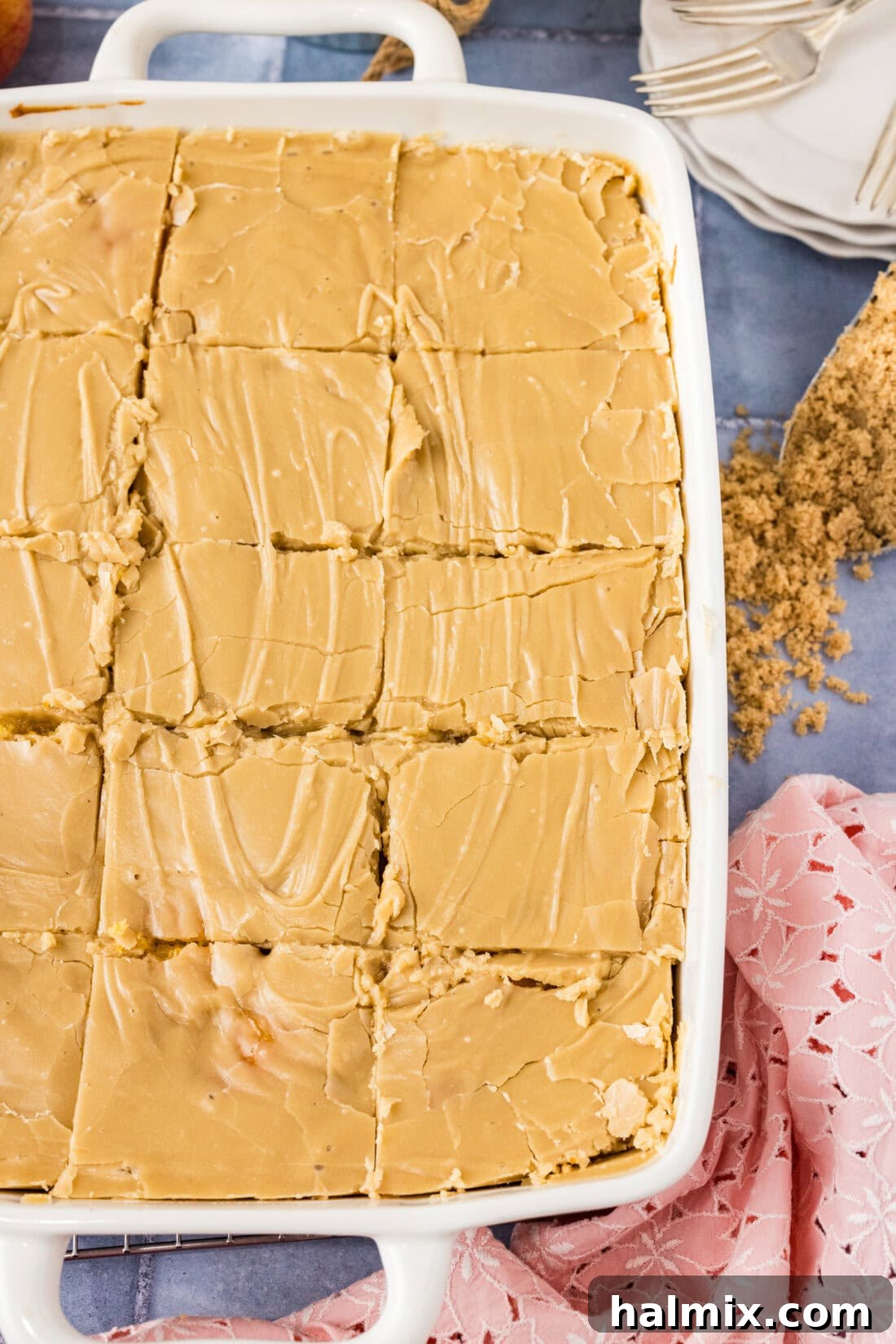 Pan of Brown Sugar Peach Cake cut into slices