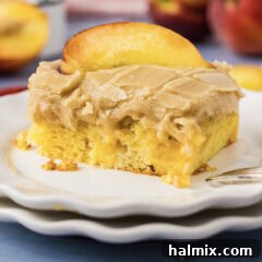Close up photo of a slice of Brown Sugar Peach Cake on a plate