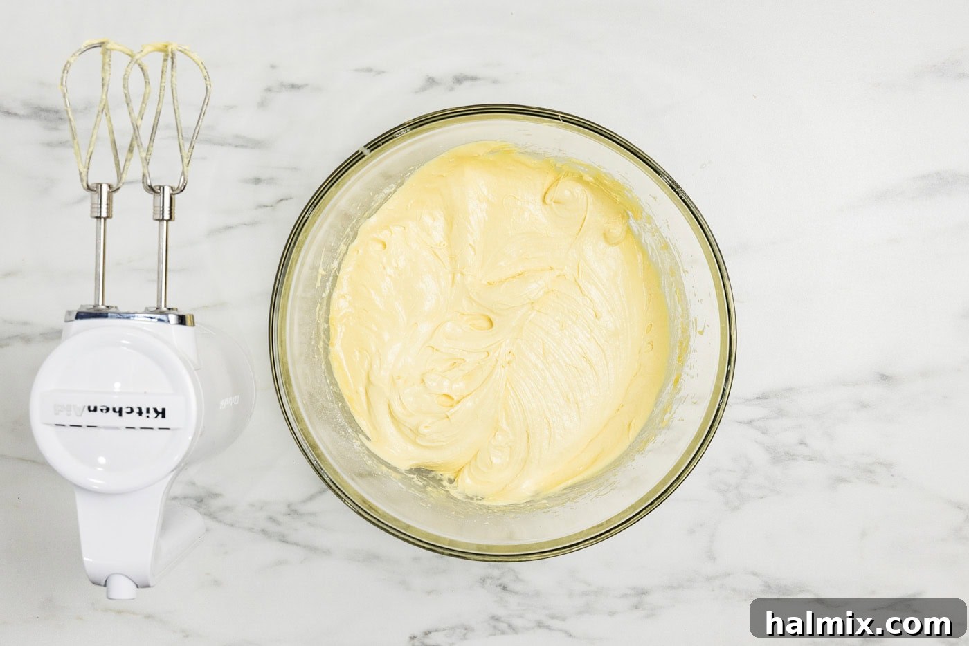 peach cake batter in a bowl