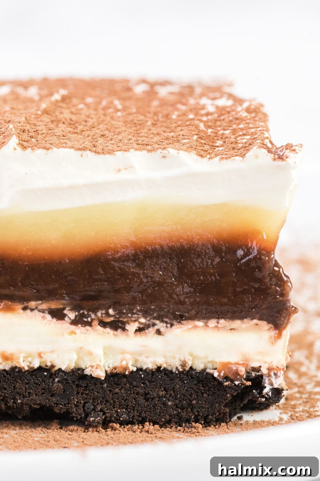 Pure Bliss Pan Dessert 3 A tantalizing close-up of the multi-layered Sex in a Pan dessert, revealing the textures of the crust, cream cheese, and pudding layers, topped with whipped cream.