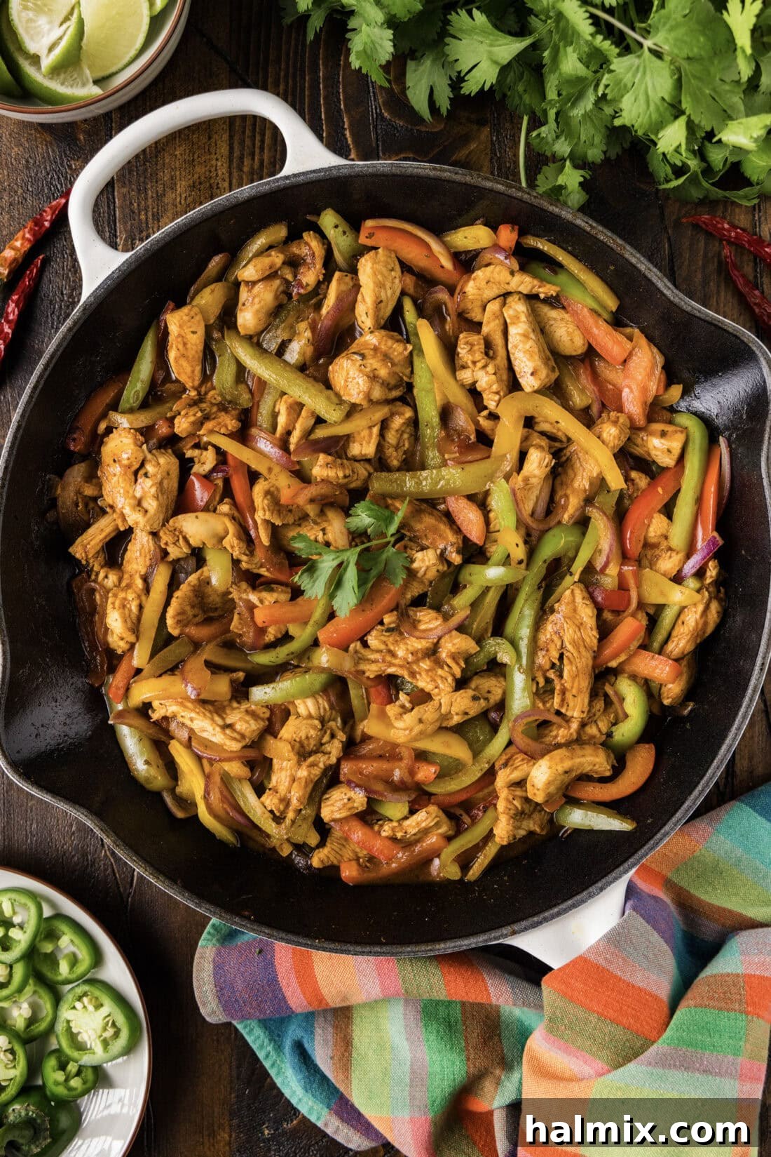 Sizzling Chicken Fajitas 9 Close-up of Chicken Fajitas sizzling in a cast iron skillet