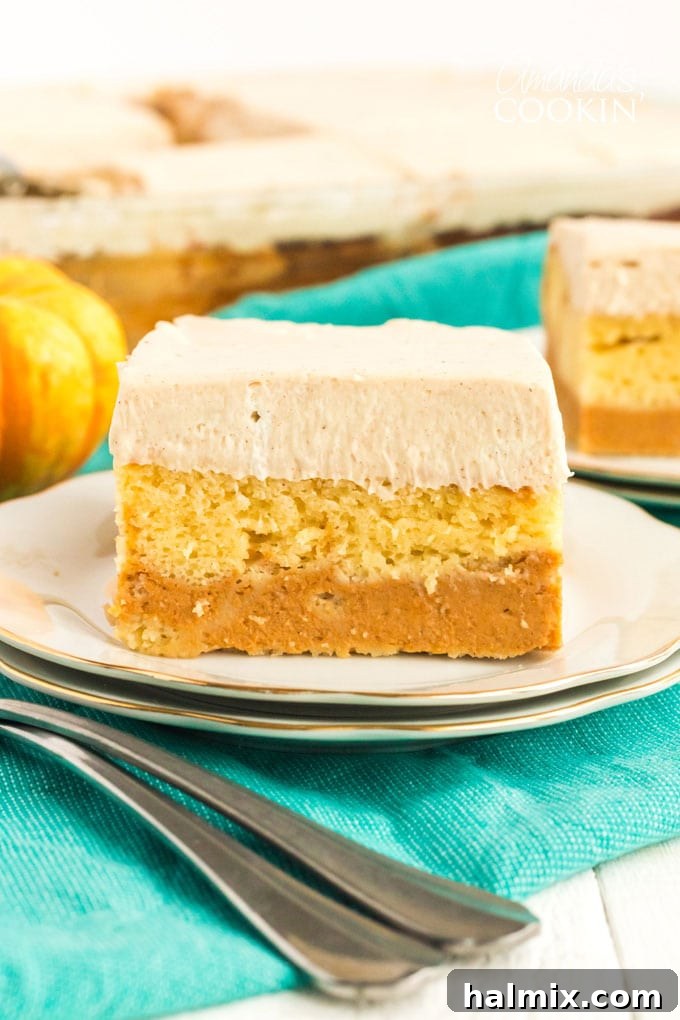 layered pumpkin magic cake on a plate, showing distinct cake and pumpkin pie layers topped with whipped cream