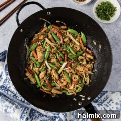 A close-up shot of a serving of Chicken Lo Mein in a bowl, with a fork, ready to be eaten.