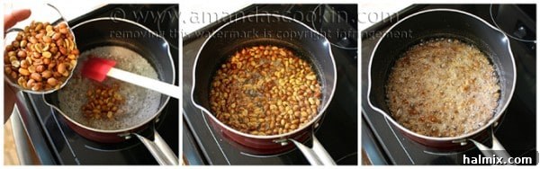 Step-by-step image showing peanuts being stirred into the sugar mixture for peanut brittle