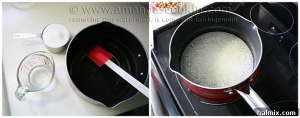 Step-by-step image showing sugar, corn syrup, salt, and water combined in a saucepan for peanut brittle