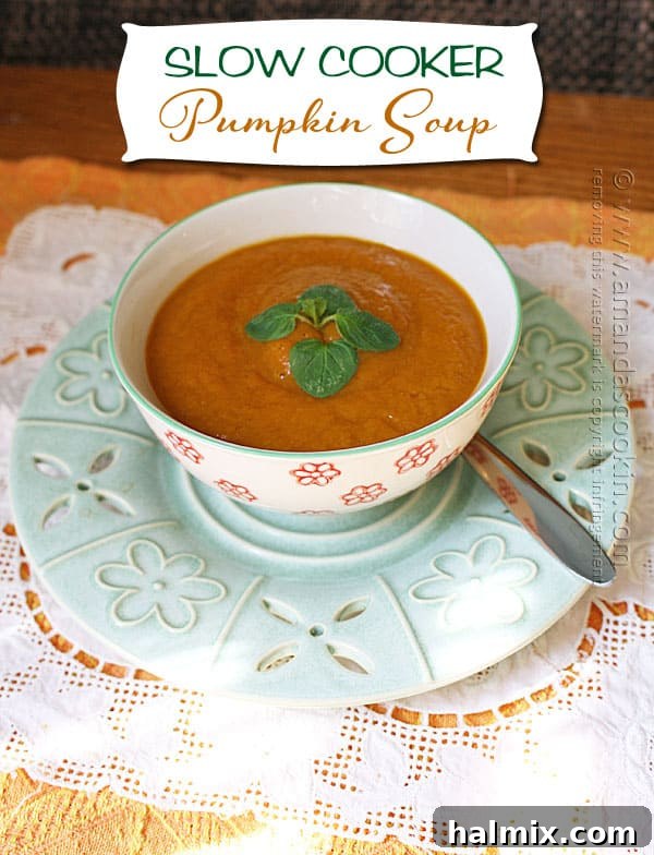 A vibrant close-up photo showcasing the rich, autumnal orange color and smooth, inviting texture of slow cooker pumpkin soup, with a serving spoon partially submerged, ready to be enjoyed.