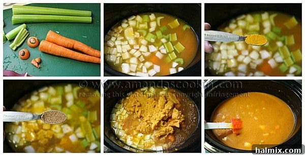 A thoughtfully arranged flat lay photograph displaying canned pumpkin puree, neatly chopped fresh vegetables, and a selection of fragrant spices, representing all the essential ingredients for making slow cooker pumpkin soup.