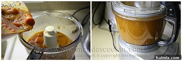 A view inside a slow cooker, showing the raw ingredients for pumpkin soup gently simmering together, illustrating the cooking process.
