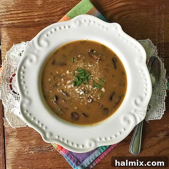 A comforting bowl of Sausage Mushroom & Wild Rice Soup, garnished with fresh herbs.