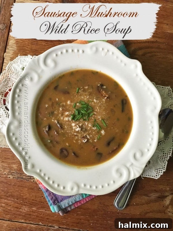 Close-up of the delicious Sausage Mushroom & Wild Rice Soup, highlighting its rich texture and ingredients.