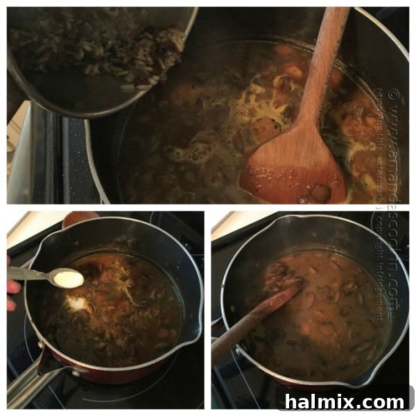 Adding flour and Chardonnay to the soup base, a critical step for flavor and texture.