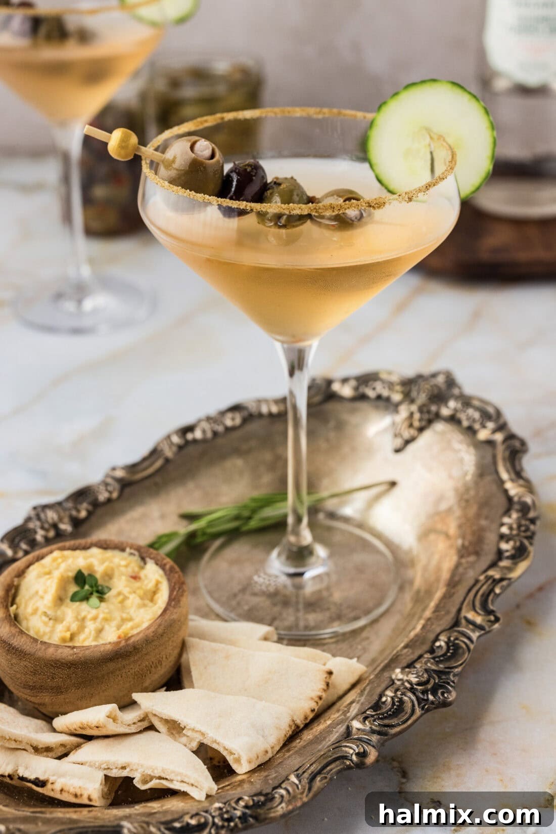 Dirty Greek Martini on a metal platter