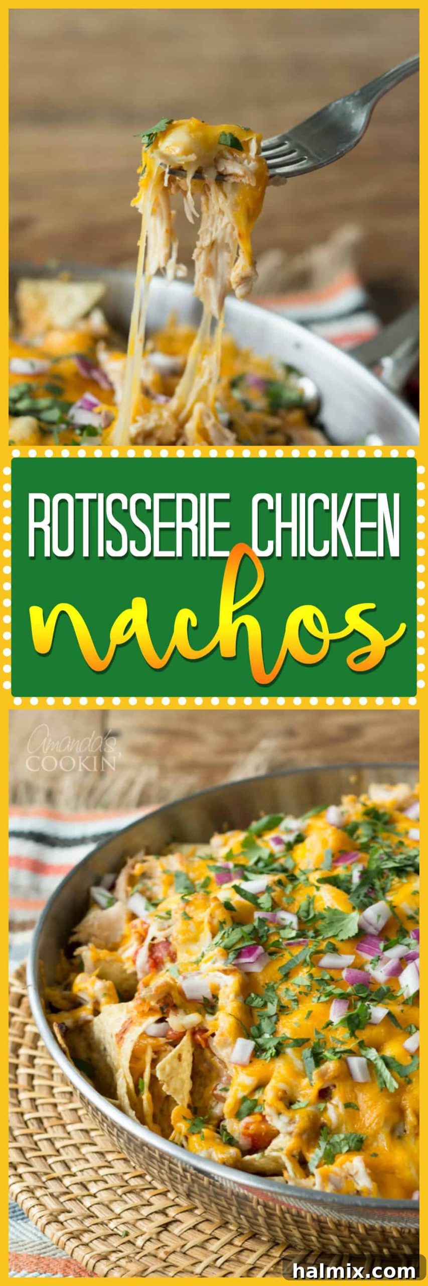 A photo of rotisserie chicken nachos, full spread.