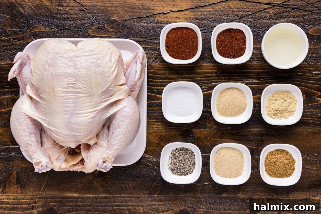 Artisan Smoked Chicken 4 Ingredients laid out for Smoked Chicken