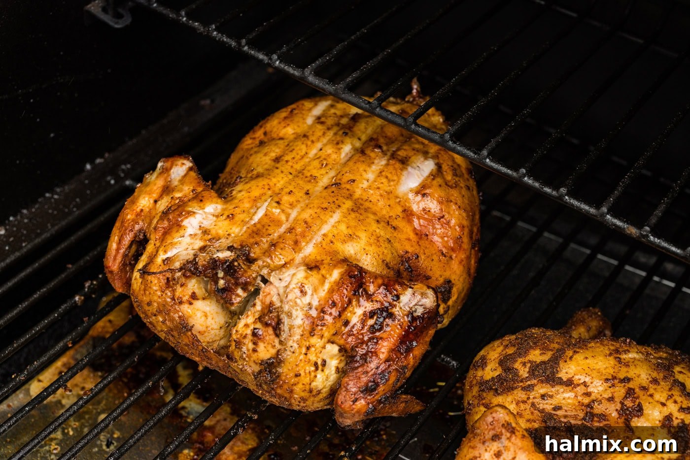 Artisan Smoked Chicken 9 Whole smoked chicken resting on grill grates after smoking