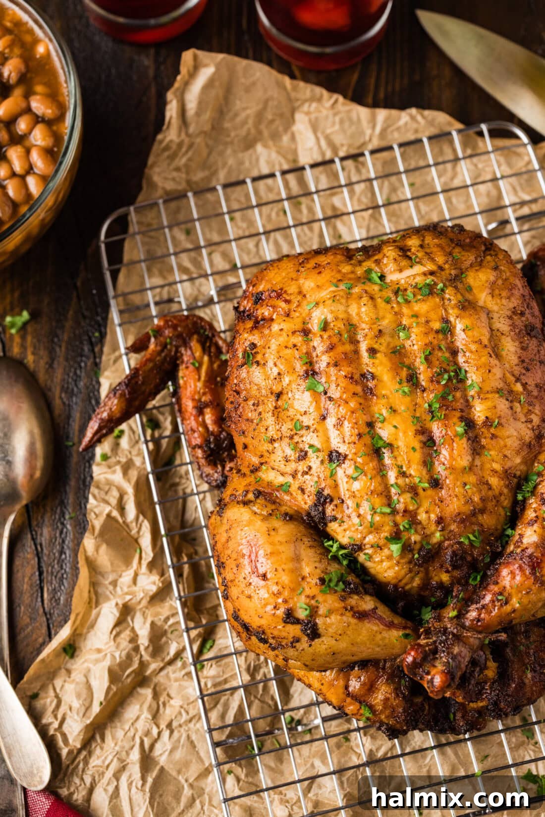Artisan Smoked Chicken 10 Overhead photo of half of a Smoked Chicken, beautifully cooked