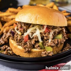 Close up photo of a Philly Cheesesteak Sloppy Joe
