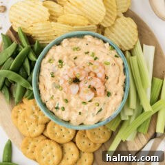 Close up photo of a bowl of Shrimp Dip surrounded by chips and veggies on a serving platter.