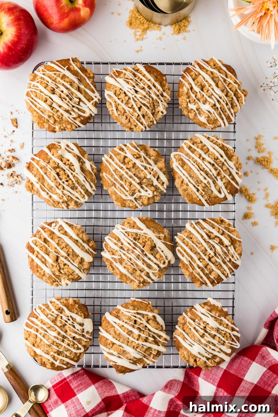 Apple Muffins resting on a wire rack