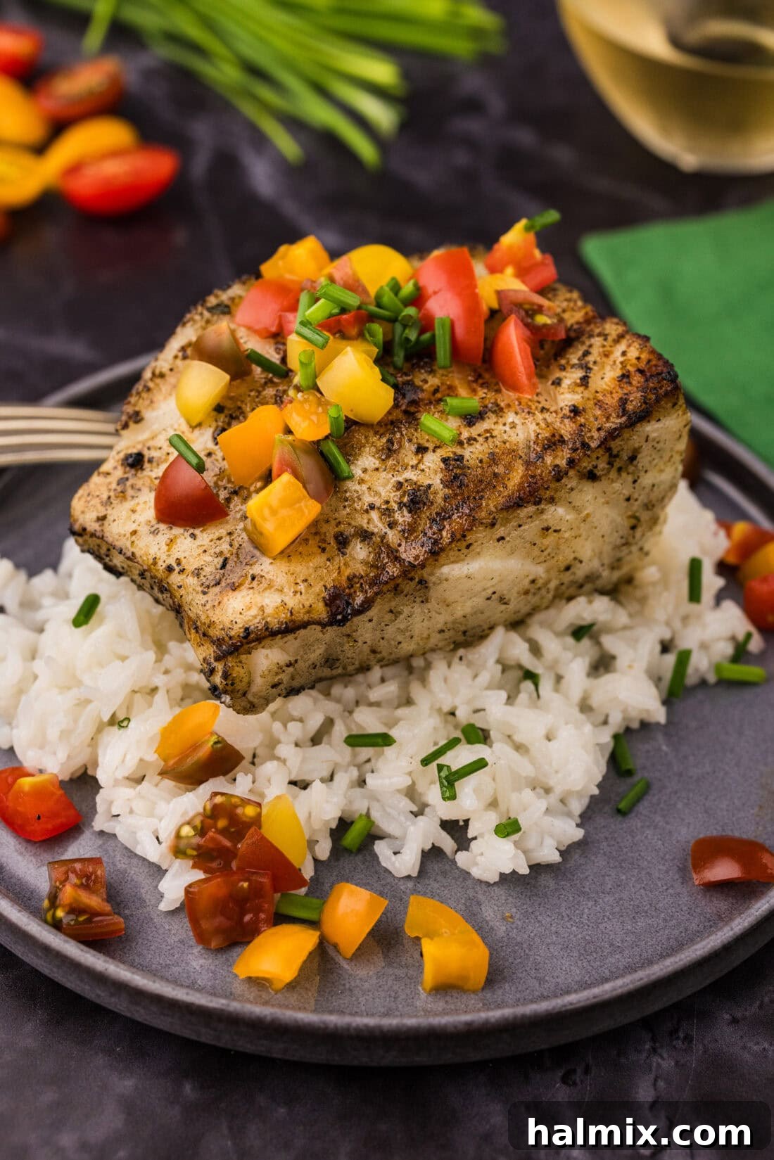 Grilled Chilean Sea Bass over a bed of white rice