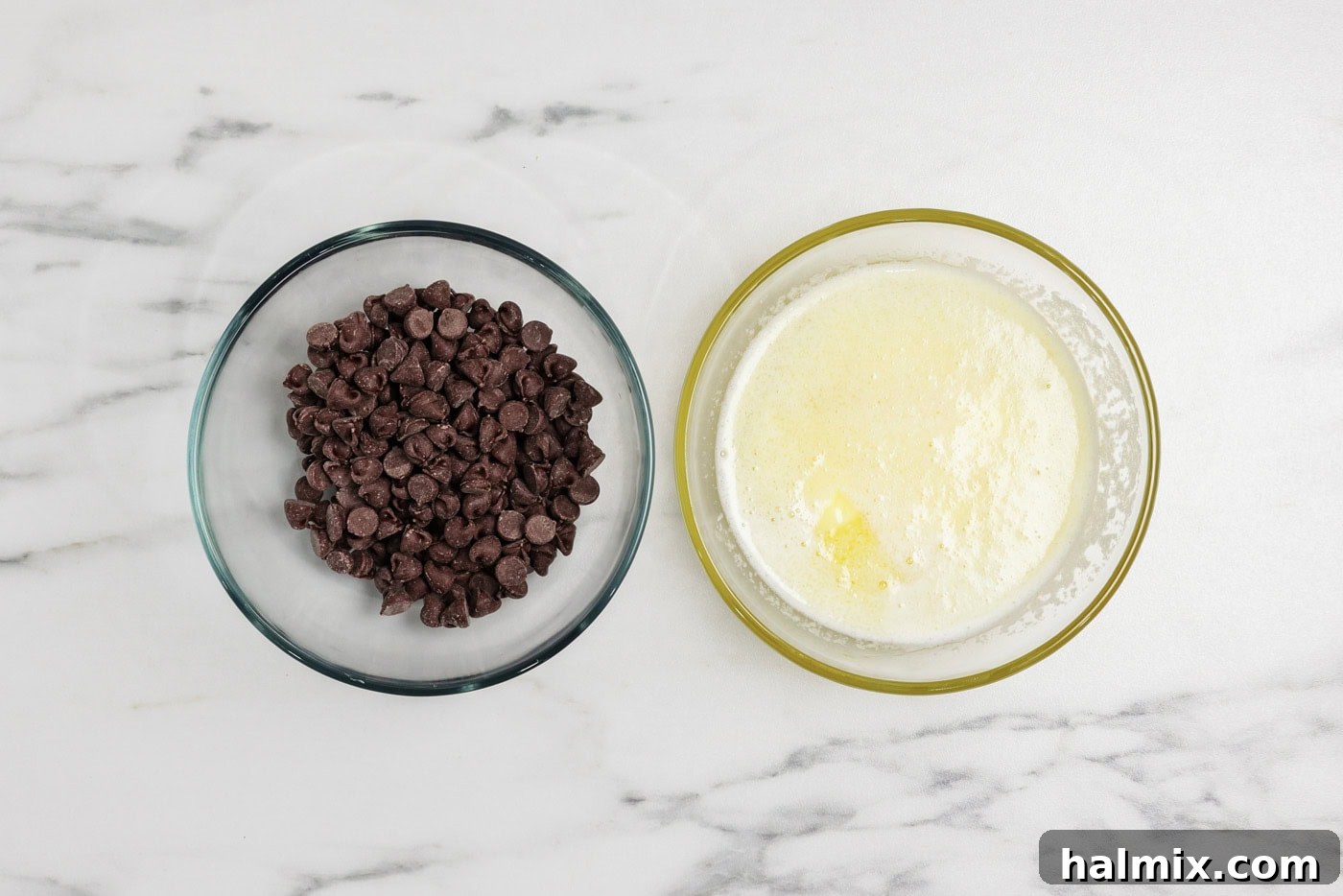 Spiced Pumpkin Swirl Brownies 6 bowl of melted butter and a bowl of chocolate chips