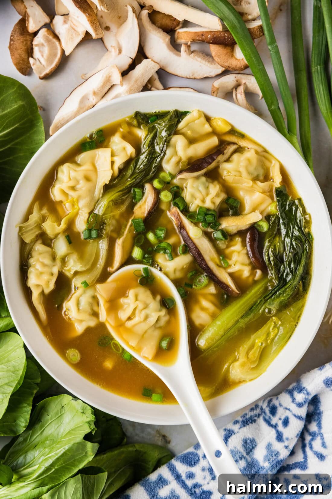 Bowl of Wonton Soup with a spoon in it and green onions, mushrooms and baby bok choy around it, showcasing its fresh ingredients and comforting appeal.