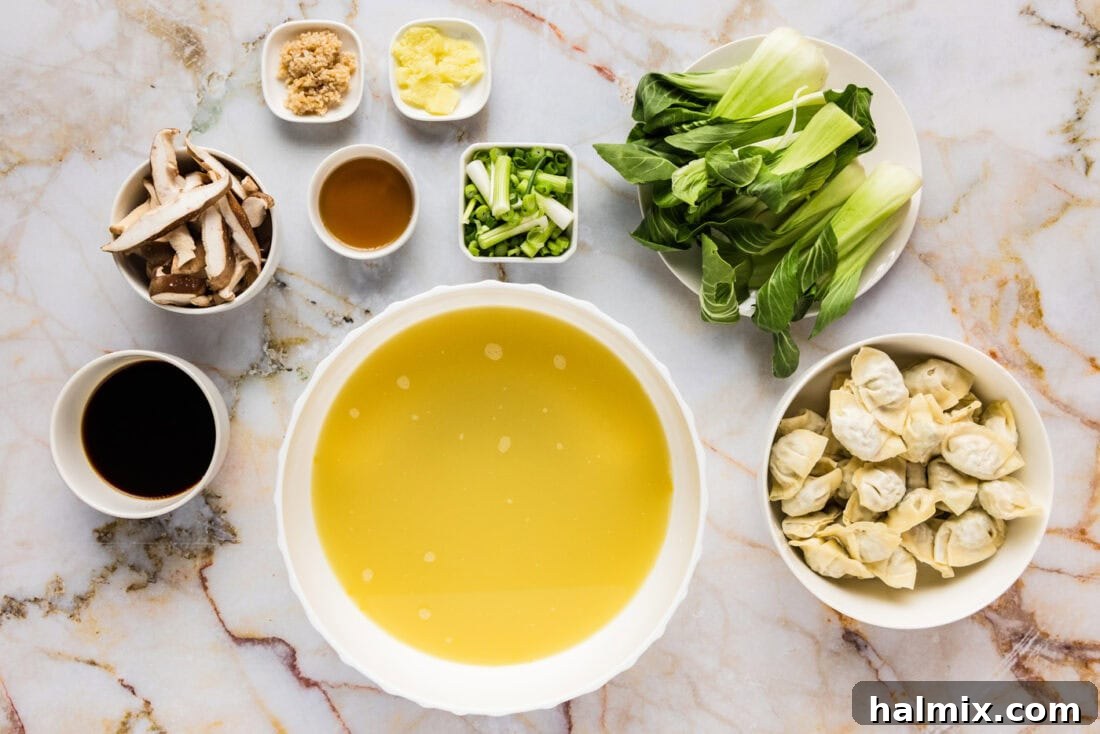 Ingredients for Wonton Soup laid out on a counter, ready for preparation.