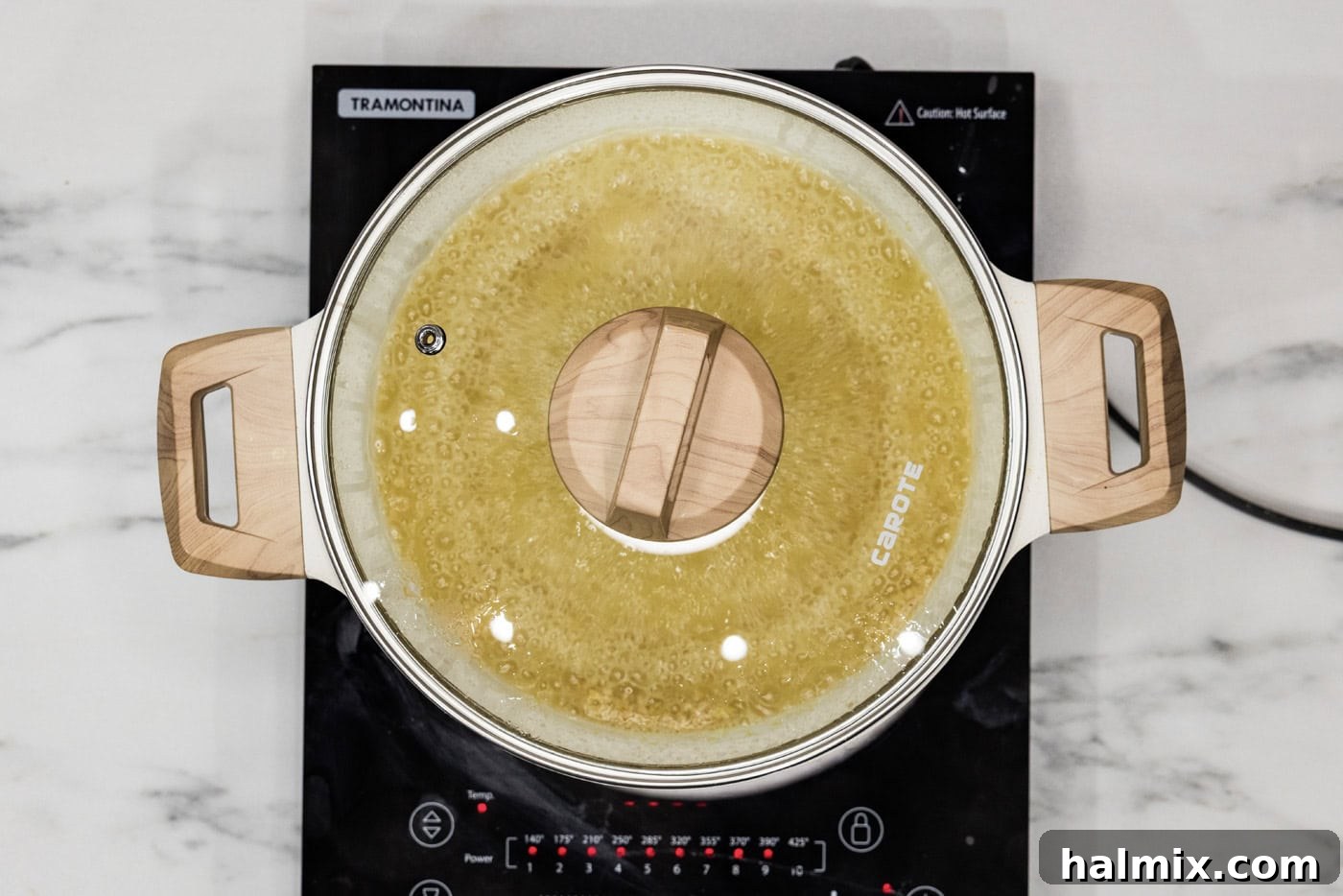 lid on stockpot with chicken broth, ginger, and garlic inside, simmering to infuse flavors.