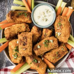 Platter of Buffalo Chicken Egg Rolls with carrots, celery and a bowl of blue cheese dressing