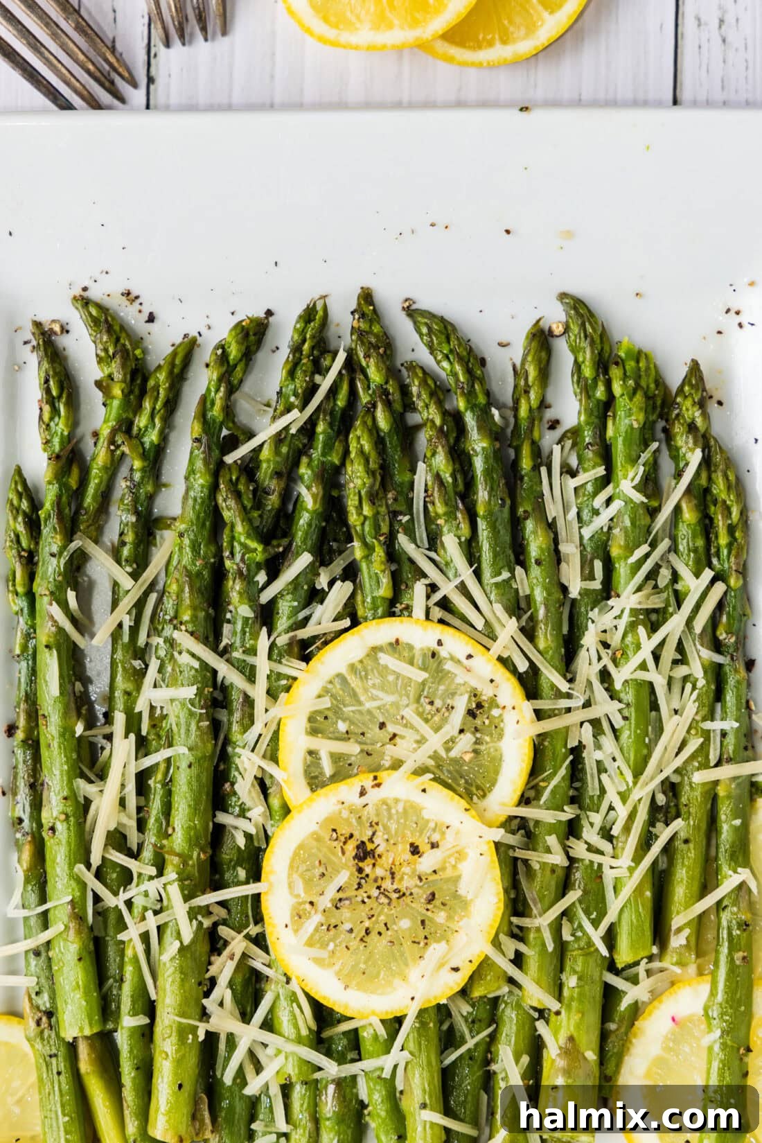 Perfect Instant Pot Asparagus 9 Close up photo of a platter of Instant Pot Asparagus