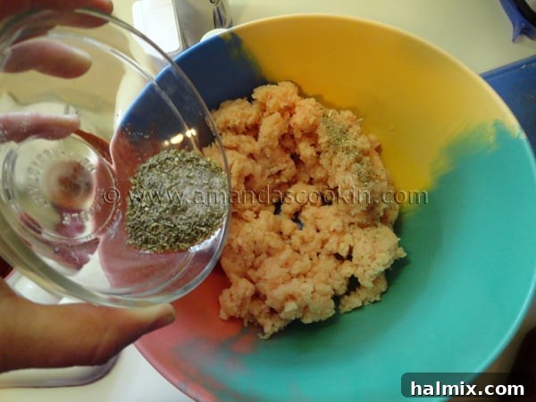 A hand sprinkling the mixed salt, pepper, onion powder, oregano, and parsley seasoning over the bowl of ground raw chicken.