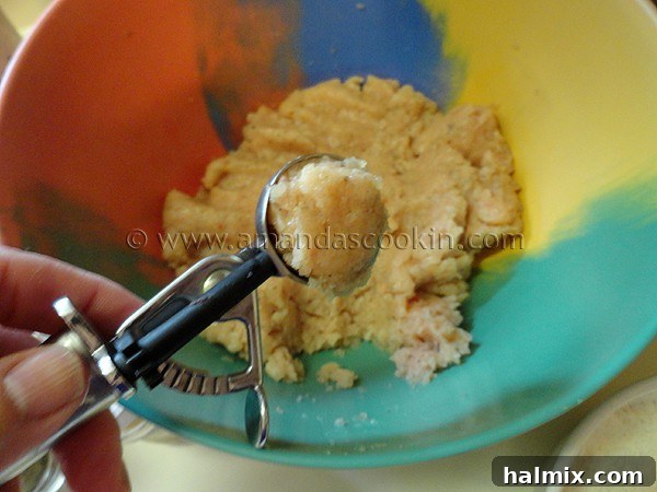 A cookie scoop filled with a perfectly portioned ball of raw, seasoned chicken mixture, demonstrating the sizing for nuggets.