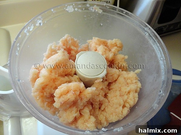 Close-up photo of finely processed raw chicken in a food processor bowl, showing a smooth paste-like consistency.
