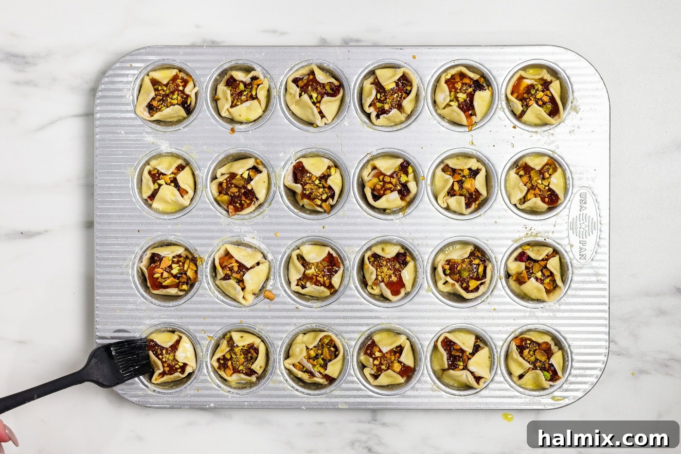 overhead of brie bites before being baked