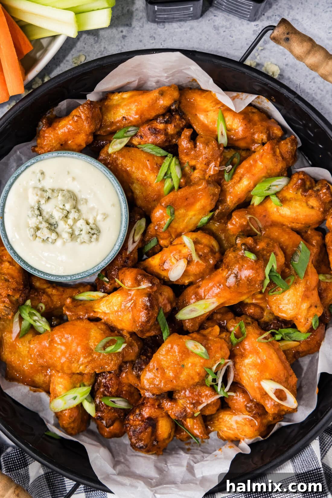 Close up photo of a platter of Buffalo Chicken Wings