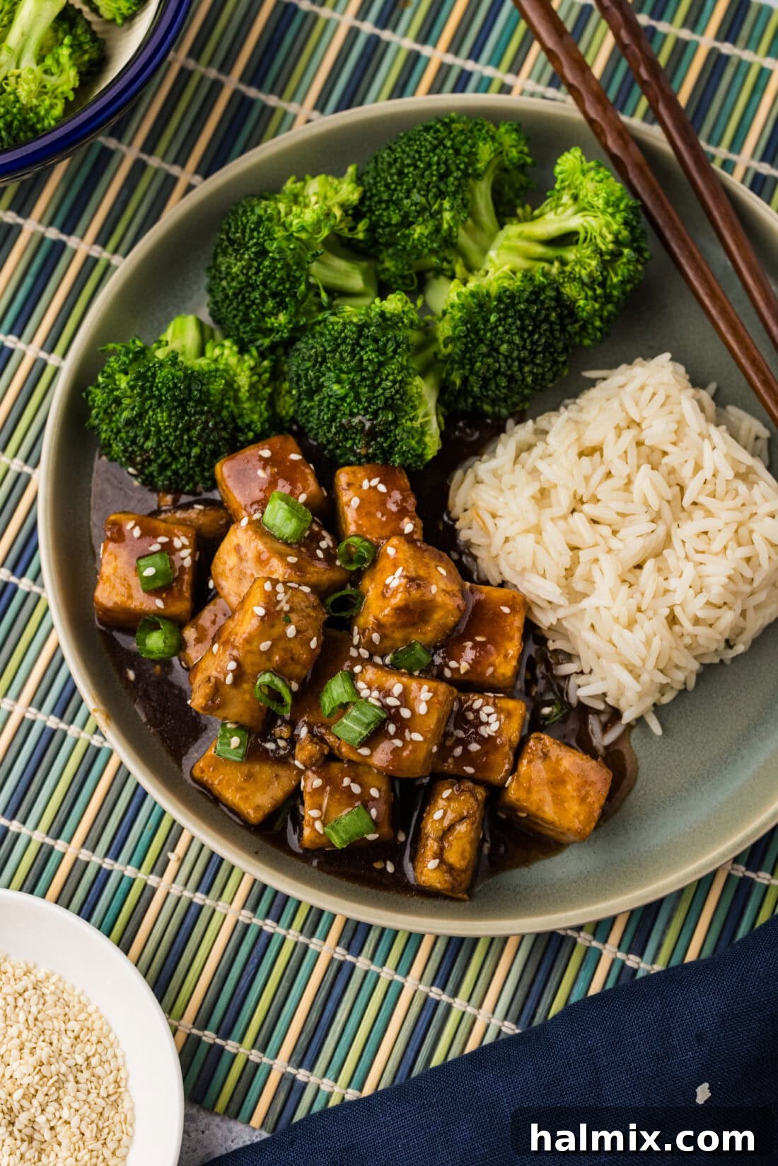 Plate of Teriyaki Tofu with broccoli and rice