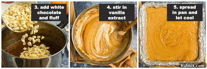 adding white chocolate chips to the hot fudge mixture in a saucepan