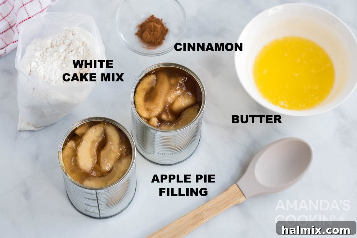 Cozy Crockpot Apple Cobbler 3 labeled ingredients for apple cobbler in the crockpot