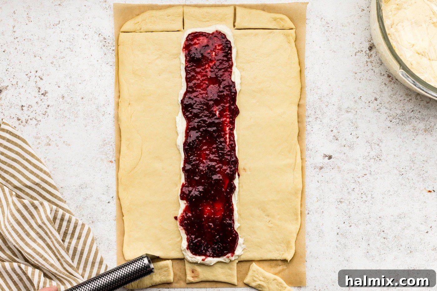 Sweet Braided Morning Pastry 12 strips cut from sides of dough to make braids