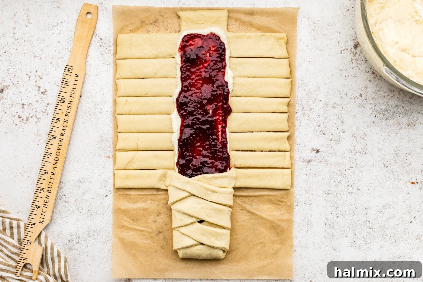 Sweet Braided Morning Pastry 15 folding dough strips overtop the filling