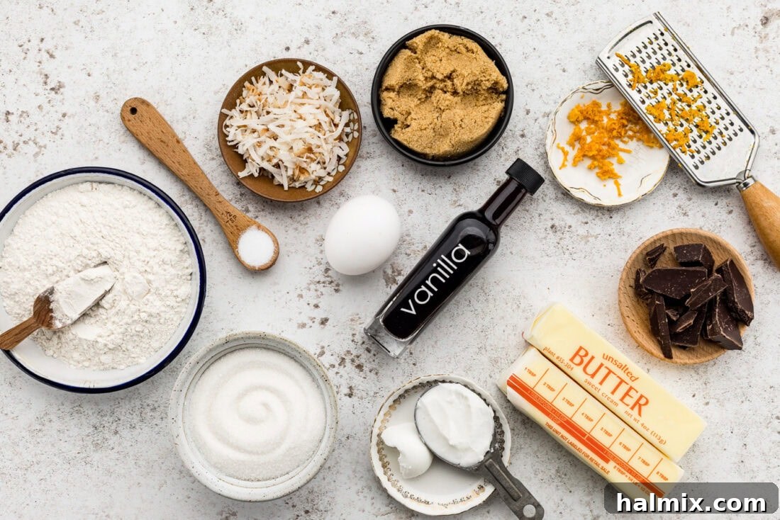 All the necessary ingredients for making icebox cookies laid out on a kitchen counter.