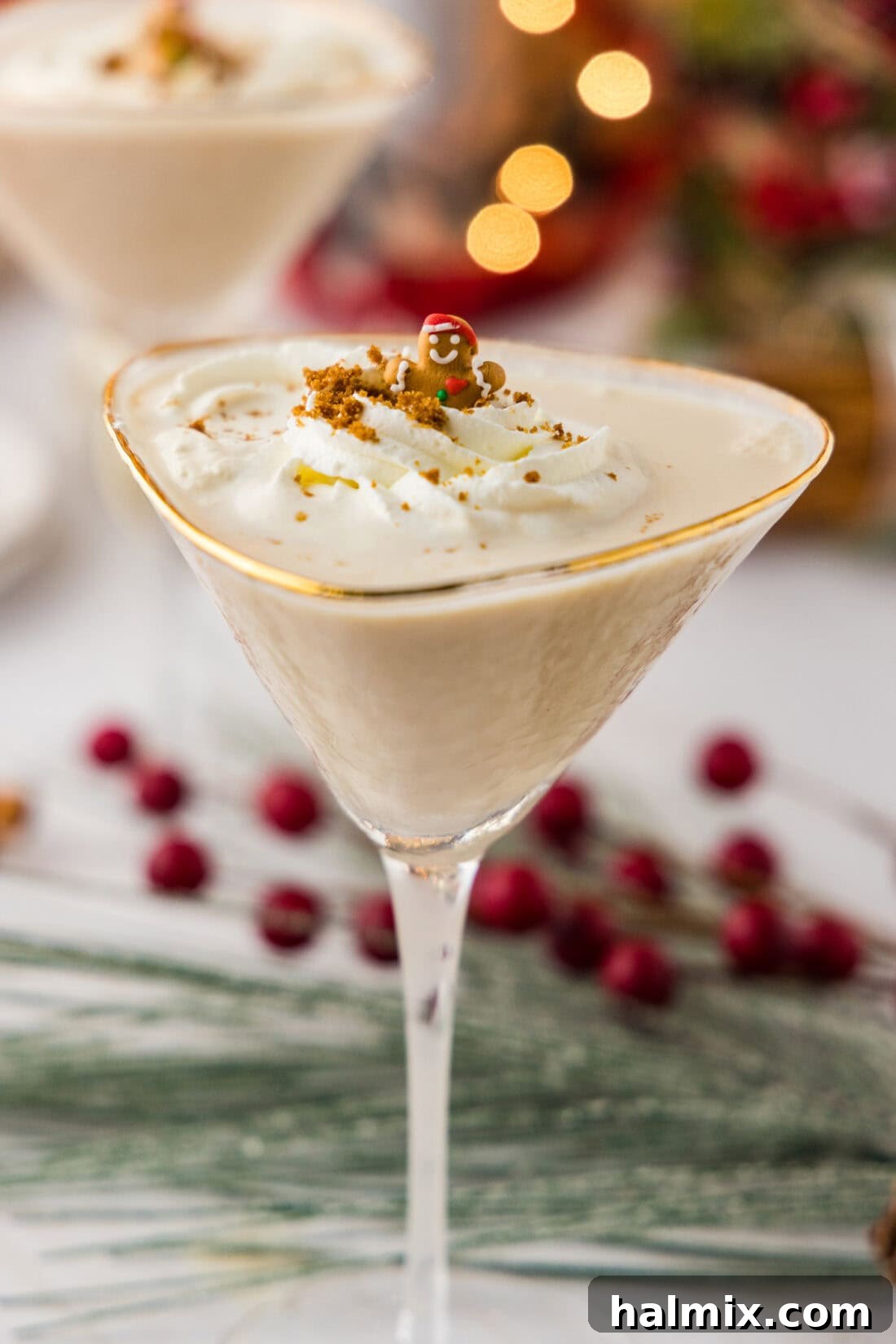 Close up photo of a Gingerbread Martini with another one behind it, showcasing its creamy texture and garnish