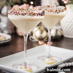 Two festive Sugar Cookie Martinis presented on a platter with holiday décor, featuring frosted rims and mini cookie garnishes.