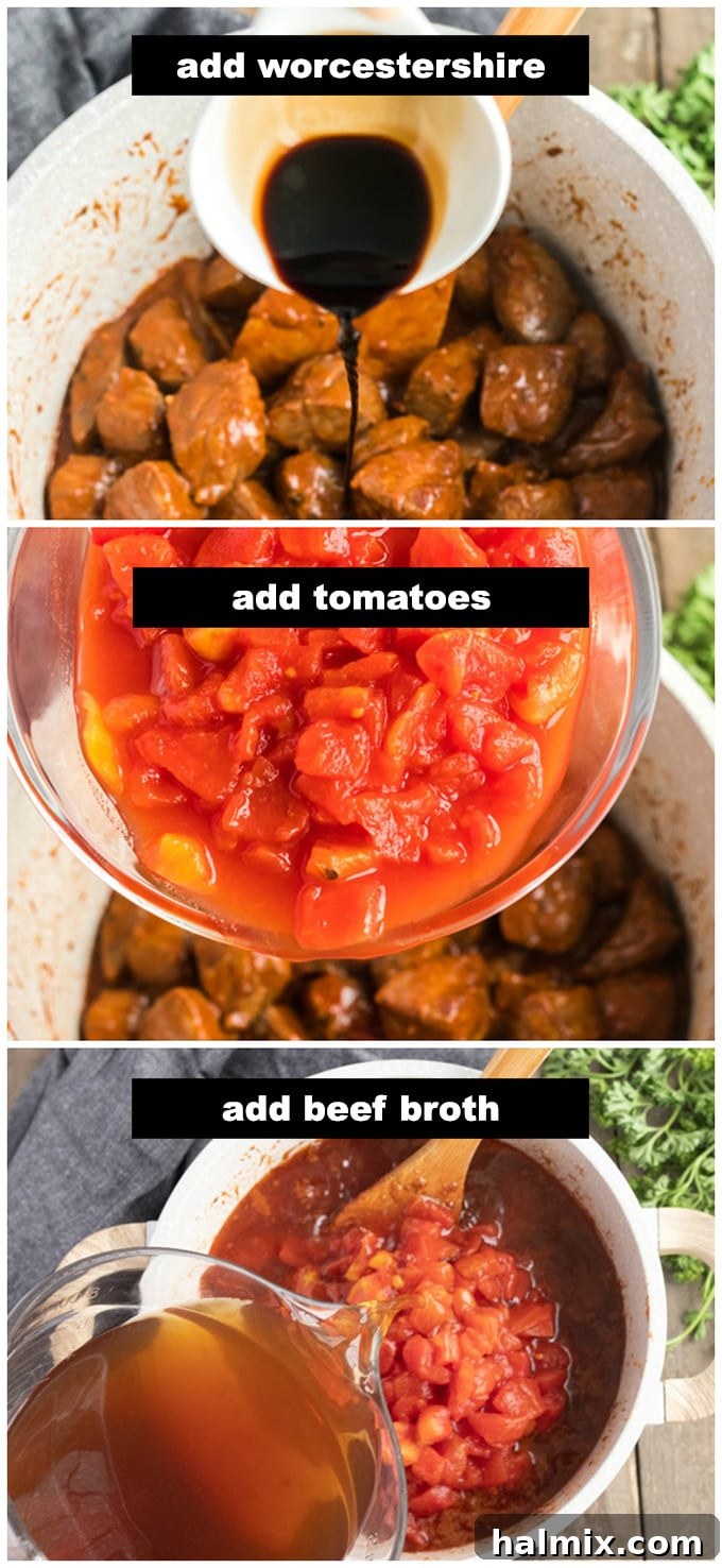 adding broth and tomatoes to pan